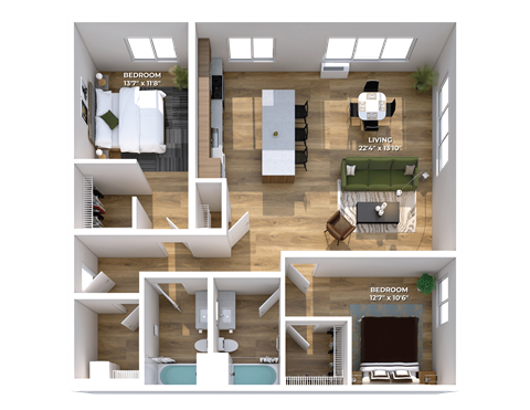 Floor plan for 2 beds, 2 baths, 1230 sqft